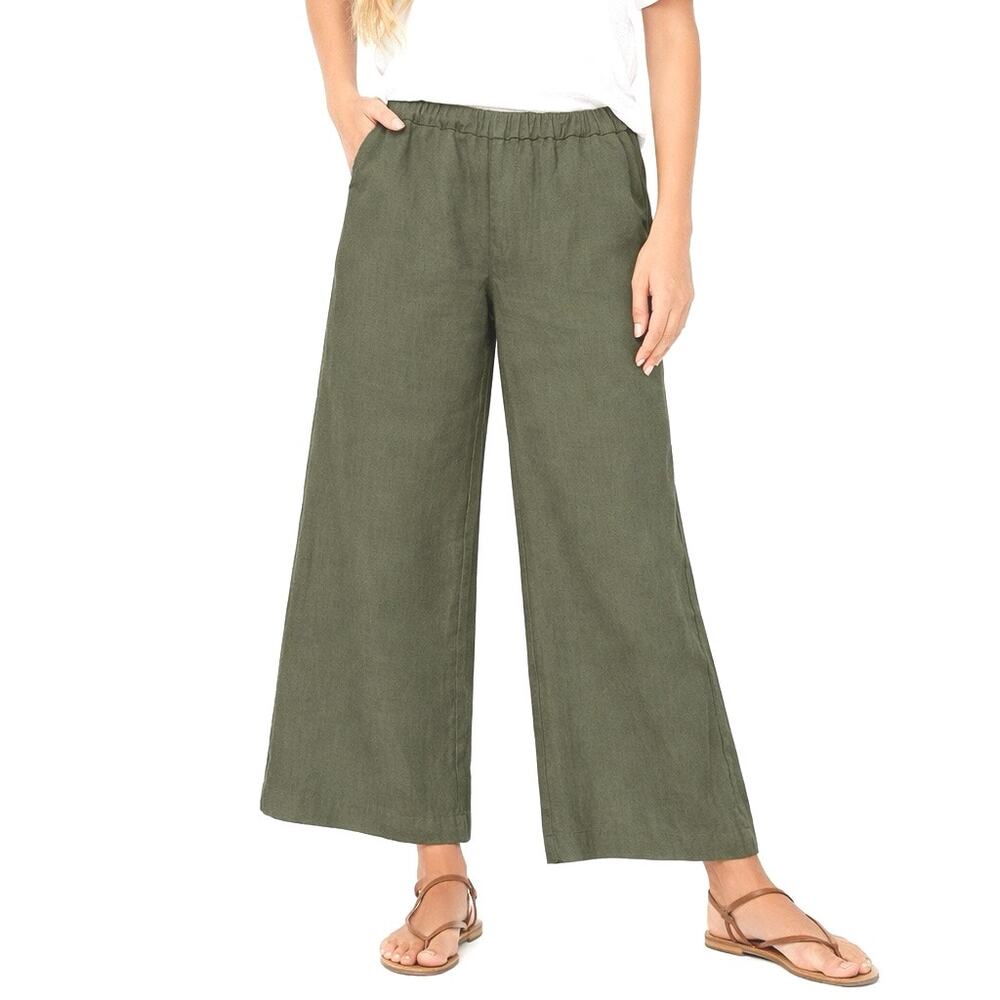 Frank & Eileen Wide Leg Linen Pull on Pant for the Getaway Size M Olive Green